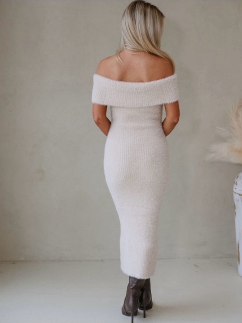 These Three Boutique Off-Shoulder Knit Midi Dress in Cream - Picture 2 of 2